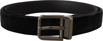 Dolce & Gabbana Mens Black Velvet Silver Tone Logo Metal Buckle Belt Leather - One Size