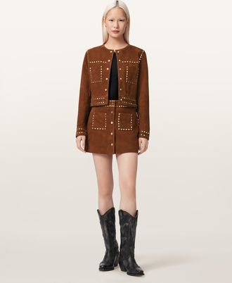 AllSaints Suede Alice Suede Studded Mini Skirt, Size: UK 14/US 10