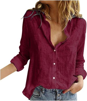 Generic Womens Tops Blouse Casual Long Sleeve V Neck Shirts Tops Button Down Basic Loose Tunic T Shirts Wine