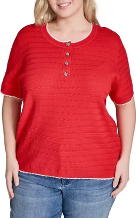 Karl Lagerfeld Short Sleeve Cotton Blend Sweater in Apple Red/soft White at Nordstrom, Size 3X