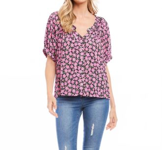 Karen Kane Fancee Floral Short Sleeve Peasant Top In Purple Multi