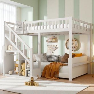 OEM Cama Litera 90x200 Cm De Madera Maciza Con Barrera De Seguridad, Cama Infantil 90x200 Con Escalera Y Somier, Cama Loft 90x200 Cm