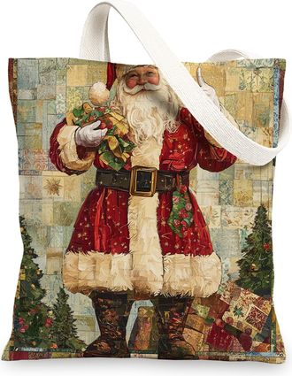Generic Patchwork Christmas Santa Claus Canvas Tote Bag for Shopping 13x15, Aesthetic Xmas Retro Reusable Grocery Print Bag for Women Men, Holiday New Year Ae