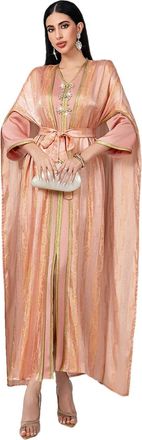 Generic Women Eid Dubai Muslim Dress Open Front Long Kimono Sleeveless Long Robe Abaya 2 Piece Set Rose Gold XXL
