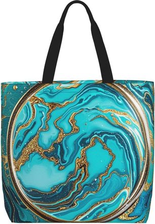 Generic Teal Blue Gold Marble1 Grocery Bag Foldable Shoulder Bag Eco Friendly Grocery Bags For College Ladies Beach