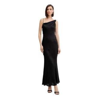 Twinset Lange Asymmetrische Jurk van Satijn - Dames - Feestkleedjes - Zwart - XS - Satijn - Kleedjes