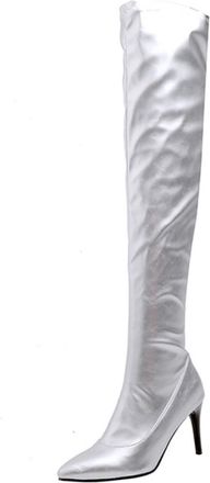 Generic Womens Over-The-Knee Stiletto Heel Boots Metallic PU Leather Pointed Toe Silver Black Stylish Comfortable For Party Casual,Silver,9.5 UK