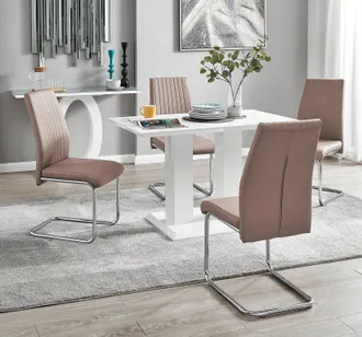 Furniturebox Imperia 4 Seater Modern White High Gloss Rectangular Dining Table & 4 Lorenzo Faux Leather Chairs in Beige