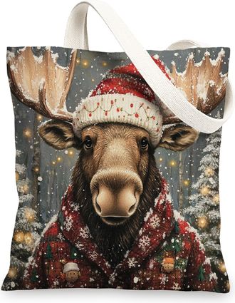 Generic Winter Merry Christmas Moose Canvas Tote Bag for Shopping 13x15, Farmhouse Xmas Tree Scenic Reusable Grocery Print Bag for Women Men, Happy Holiday Ae