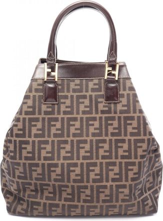 Fendi Black Brown Canvas Leather Handbag Tote Bag (Pre-Owned)