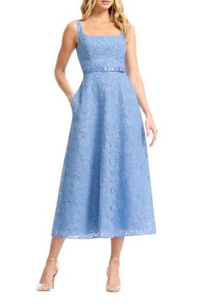 Dress The Population Shelby Floral Guipure Lace Cocktail Midi Dress in Sky at Nordstrom, Size Xx-Large