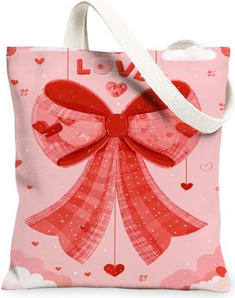 Generic ValentineS Day Bow Canvas Tote Bags, Love Heart Pattern Reusable Grocery Bags, Lightweight Washable Shoulder Strap Canvas, Peach, 13x15 Inch