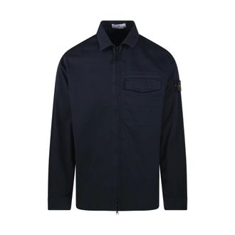 Stone Island Light Jackets, male, Blue, Size: 2XL Stretch Cotton Satin Overshirt