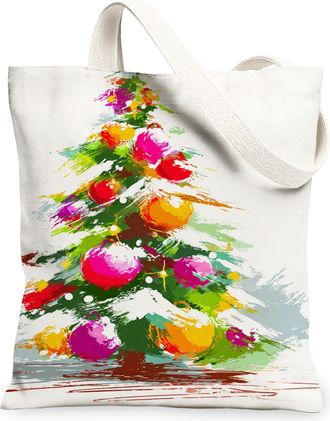 Generic Christmas Tree Canvas Tote Bags, Colorful Holiday Design Reusable Bags, Festive Lightweight Washable Shoulder Strap Canvas, White, 13x15 Inch