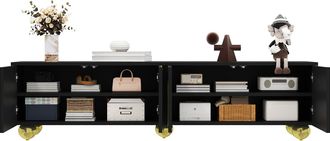STILVORA Mueble Tv Con 4 Puertas Y Estantes, Apertura Push-to-open, Patas Redondas Doradas, De Tablero De Part&iacute;culas, 170&times;38&times;44 Cm, Negro