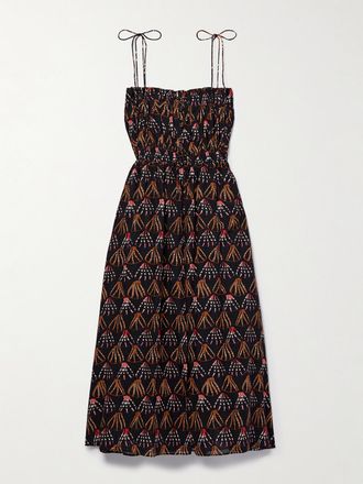 Ulla Johnson Abito Midi In Voile Di Misto Cotone Stampato Con Ruches Asli - Marrone