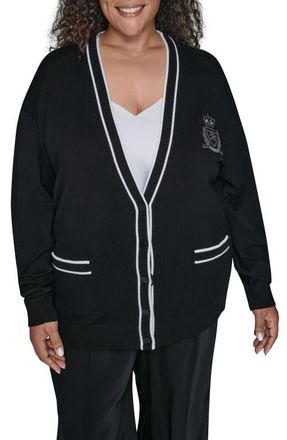 Karl Lagerfeld Varsity Cardgian in Black/Soft White at Nordstrom, Size 2X