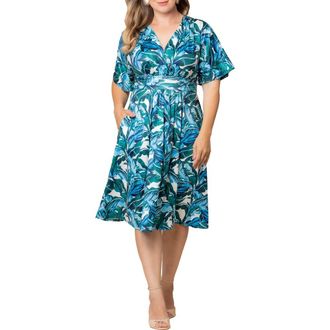Kiyonna Gia Floral Midi Dress in Teal Palm Print at Nordstrom, Size 5X