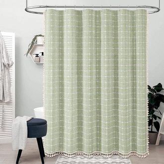 No Brand Cortina De Ducha Estilo Bohemio Campestre, Juego De Cortina De Ducha Estilo Campestre De Lino, Tela Gruesa, Con Borlas, Impermeable, Verde Salvia, 72x