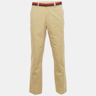Carolina Herrera Beige Cotton Logo Stripe Waist Detail Pants
