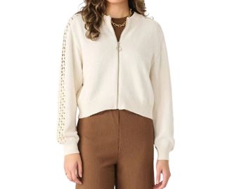 Dex Clothing Crochet Sleeve Bomber Sweater In Ivory