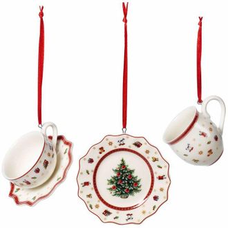Villeroy & Boch Villeroy&boch - Toys Delight Decoration Set di stoviglie da Decorazione 3 pz., Ornamenti da Appendere, Porcellana Premium, Tessili, Metallo, Bianco