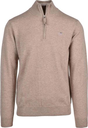 GANT Zip-Neck Beige Wool Pullover With Ribbed Details
