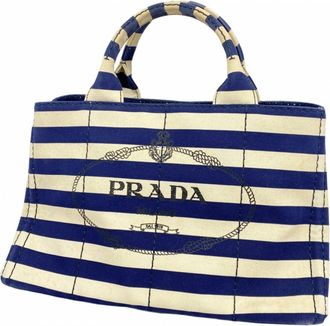 Prada Ivory Navy Canvas Tote Bag (Pre-Owned)