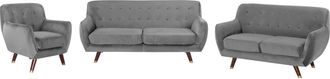 Beliani Juego De Sala De Estar Sill&oacute;n Sof&aacute; 3 Plazas Y 2 Plazas De Terciopelo Gris Respaldo Capiton&eacute; Abotonado Bodo