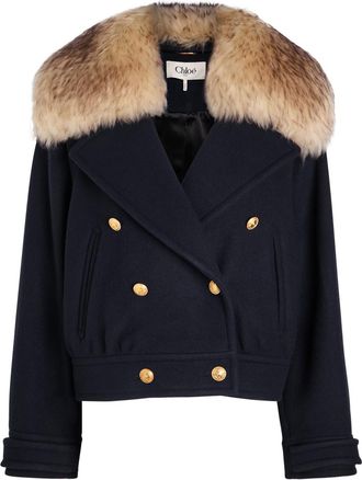 Chloé Fur-embellished Wool-bend Coat - Navy - 34 (UK6 / XS)