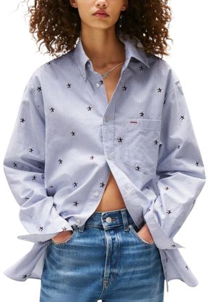 Tommy Hilfiger Womens Embroidered Star Long Sleeve Shirt - Light Blue Cotton - Size Medium