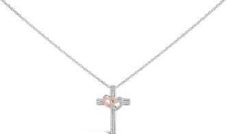 House of Brilliance 14K Rose Gold Plated Sterling Silver 1/10 Cttw Diamond Cross & Heart Pendant Necklace at Nordstrom
