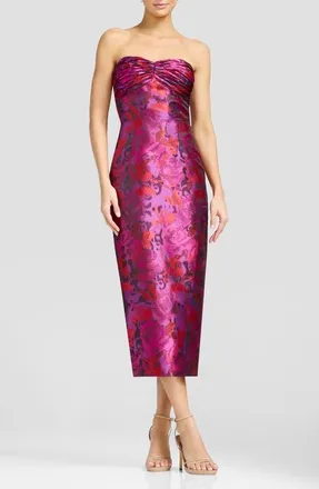 Dress The Population Dalia Floral Strapless Cocktail Midi Dress in Bright Fuchsia Multi at Nordstrom, Size Xx-Large