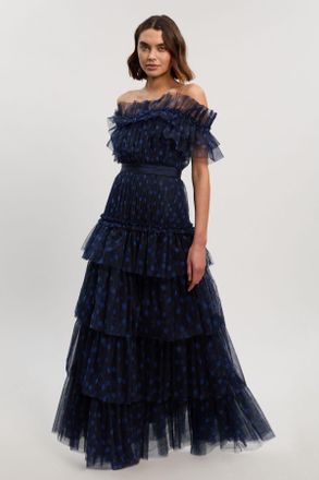 Karen Millen Womens Polka Dot Tulle Layered Off The Shoulder Maxi Dress - Navy - Size 10 UK