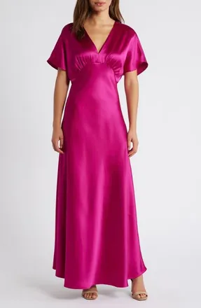 CeCe by Cynthia Steffe Dolman Sleeve Satin Cocktail Midi Dress in Lush Magenta at Nordstrom, Size 10