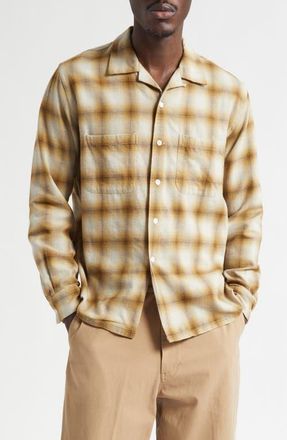 Beams Open Collar Ombr&eacute; Check Brushed Flannel Button-Up Shirt in Brown at Nordstrom, Size X-Large