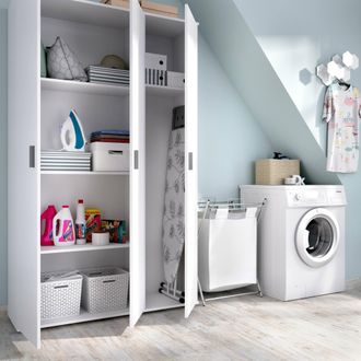Dmora Dmora - Armario Multiusos Dmeli, Porta Escobas Multifuncional, Armario Con 3 Puertas, 116x35h190 Cm, Blanco