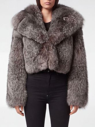 Philipp Plein Giacca cropped in pelliccia di volpe con cristalli