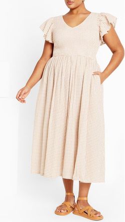 City Chic Charley Smocked Sundress in Natural Check at Nordstrom Rack, Size Xs/14W