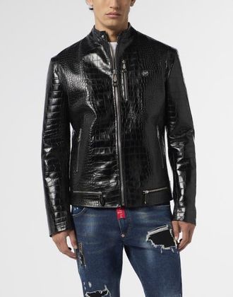 Philipp Plein Leather Moto Jacket Cocco Men in Black at Nordstrom, Size Xx-Large