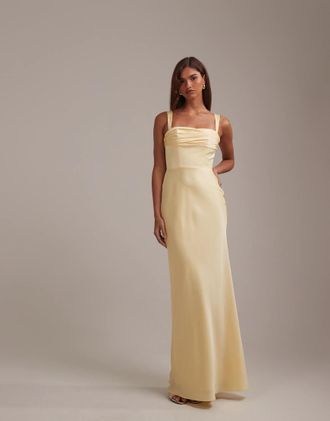 Asos Vestito lungo da cerimonia in raso color limone con busto drappeggiato e gonna a colonna-Giallo