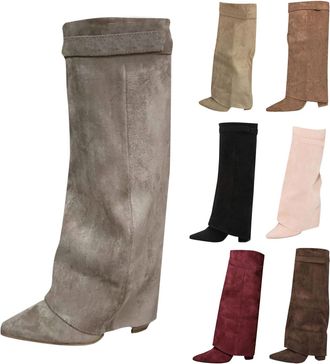 Generic Fold Over Boots for Womens Pointed Toe Knee High Boots with Side Zippers Ladies Suede Chunky High Heels Shoes Fall Winter Slouchy Pull on Tall Boot fo