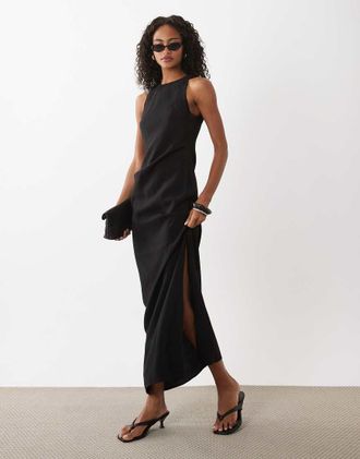 Asos Vestito lungo in cupro nero con scollo a vogatore e dettaglio raccolto