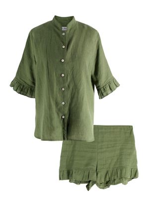 Sleeper Green Frilled Linen Top and Short Set Size XS