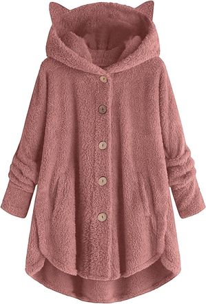 Generic Fleece Hoodie Women Cat Ear Lightweight Button Down Hooded Jackets Ladies Fuzzy Fall Winter Coats Fluffy Teddy Bear Hoodies Casual Loose Plus Size Bed