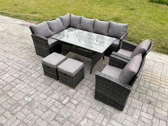Fimous 10 Seater Outdoor Rattan Garden Furniture Set with Rectangular Dining Table 2 Small Footstool 2 Armchairs Patio Wicker in Dark Grey
