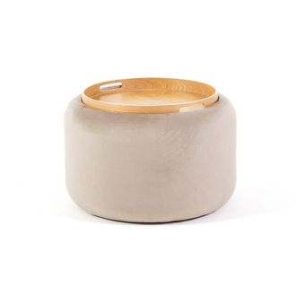 Siediti Fuori e Dentro Puff ba&uacute;l terciopelo beige con tapa madera
