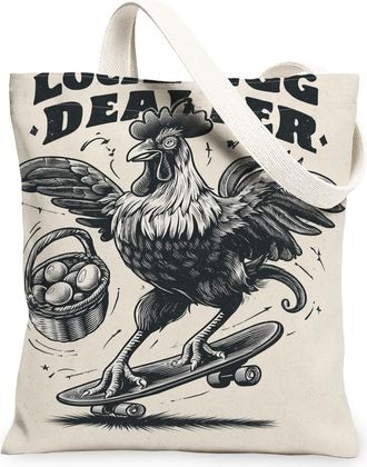 Generic Vintage Chicken Canvas Tote Bag, Funny Skateboard Rooster Design Reusable Grocery Bags, Lightweight Washable Shoulder Strap, Beige, 13x15 Inch