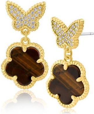 Kenneth Jay Lane Cubic Zirconia Pav&eacute; Butterfly Clover Drop Earrings in Tiger Eye/gold at Nordstrom Rack