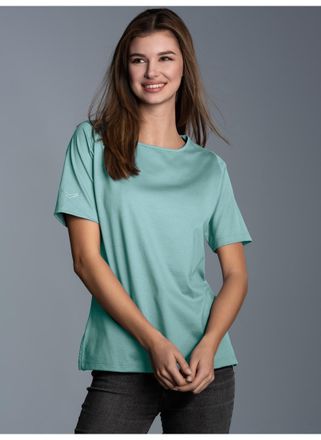 Trigema T-Shirt TRIGEMA TRIGEMA T-Shirt DELUXE Baumwolle mit Kristallsteinen, Damen, Gr. XXL, blau (gletscher), Single Jersey, 100% Baumwolle, Basic, lang, Ru